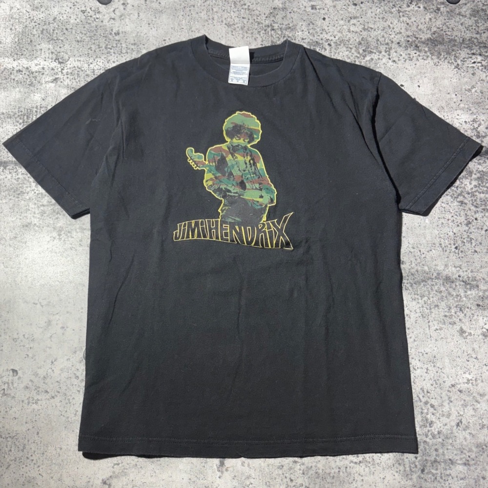 Vtg 00s/Y2K Jimi Hendrix Camo Graphic T-Shirt Medium Black Alstyle AAA Band Tee